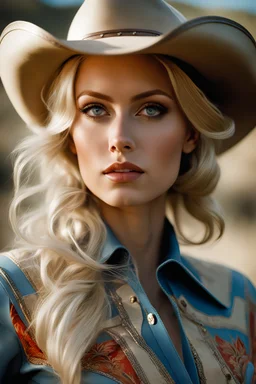 Blonde Thin very curvy Scandinavian Woman 30yo, Big Eyes, Long Eyelashes, Eyeshadow in a cowgirl outfit on a ranch, by Gil Elvgren and Alex Ross and Carne Griffiths, detailed painting with dramatic shading