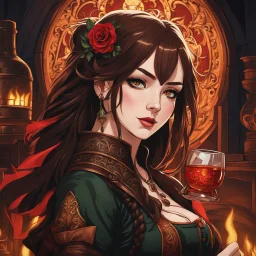 A young woman with pale skin and long brown hair in a fantasy tavern setting with intricate details. She is smirking, a tavern wench pouring a glass of whiskey, has intense red eyes, intimidating presence. High definition.