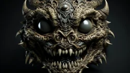 A grotesque mask adorned with sharp teeth and bulging eyes, rendered in a hyper-realistic style with intricate details and textures.