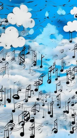A white cloudy sky with icy music notes painted by Andy Warhol