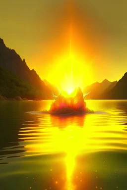 Water, air, little light fire on earth, Real mountain, ocean landscape, Joy happiness, hyper real, sunrise, star