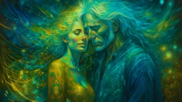 old worn layered canvas, Surrealism, Captivating realistic painting of a MAN, Medium ground, vibrant gold splashes, Multiple exposure, fluffiness, Their faces are BRIGHTLY LITTLE, his hair blends into swirling fractal vines and tree roots, dark green foliage, HE HUGS THE WOMAN, WINGS, Their faces are brightly lit, Flowing hair dissolves into intricate patterns of blue waterfall, Night-time tiny glowing fireflies, Set against a hazy ethereal background, Flashes, Space, Gold fragments, Gold partic