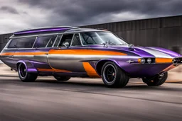 a military fighter jet station wagon hybrid silver and black and orange and purple paint job metallic