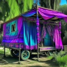 Old fashioned purple, blue and pink gypsy wagon decorated, curtains fluttering in the wind