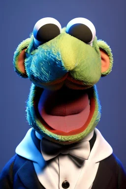 Waist up muppet Portrait, Xi Jinping as muppet doll, Black suit, photo studio, blue background, unreal engine 5, concept art, art station, god lights, ray tracing, RTX, lumen lighting, ultra detail, volumetric lighting, 3d.