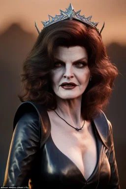 younger Rene Russo as evil queen in leather, cleavage, angry, stern look, unreal 5, octane render,cinema4d, dynamic lighting, dramatic lighting, 4k, redshift render, highly detailed, hyper realistic