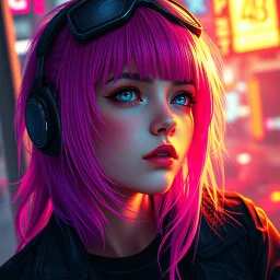 a pretty cyberpunk girl, bright coloured hair, dreaming of escape, young, futuristic, dystopia