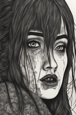 create a disturbing horror drawing of a dark haired, savage, gothpunk vampire girl with highly detailed , sharply defined hair and facial features, in a dark, otherworldly London in the style of Junji Ito, precisely drawn, inked, with dramatic edges,