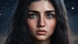 Hyper Realistic middle-angle-view of a Sad-Young-Beautiful-Pashto-Woman-with-beautiful-eyes-with-tears-&-long-black-hair at dark-night-with-stars-on-sky