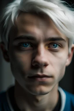 young male with blue eyes and white hair