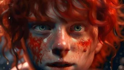 Ultra realistic close up of solemn tween boy, big blue eyes looking at camera, pale face with freckles, abundant wavy red hair wet and shining in the light, no shirt, water dripping from hair, water droplets on smooth skin, fire reflected in eyes, smoke in the background, high res, ash floating in the air