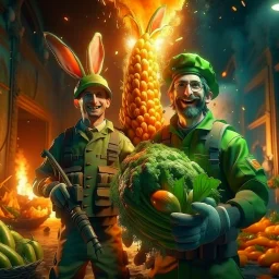 portrait of crazy cook and army officer holding huge carrots rockets inside grove with huge fluffy hare with mutations getting blasted by explosions, 4 k, down-light, soft light, depth of field, photo realism, trending on art station, high detail, spray paint