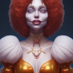 Ultra detailed very beautiful smileing clown girl,beautiful real skin, red nose, symmetrical, ultra detailed curl hair, soft lighting, ultra detailed face, concept art, digital painting, octane render, art by artstation