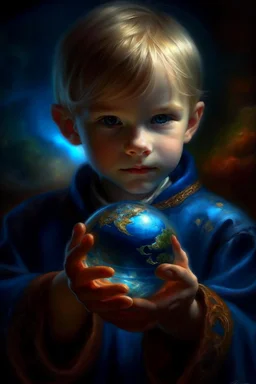 book cover illustration, oil painting portrait of metallic sleeping slightly cute smirking innocent blue eyed vampire holding small earth on a platter in one hand, bokeh , high detail, smooth render, prize winning, down light, depth of field, aura, in wind