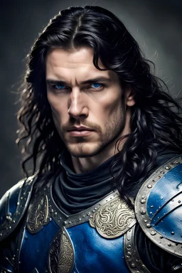 a warrior king. caucasian man. 30 years old. beautiful face. black long hair. blue eyes. stern looking. dressed in plate armor.