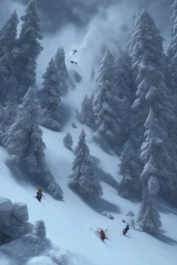 Up close to the foreground is a Man on skees trying to escape the avalanche coming down a the slope. Intense action with a sense of stress. High resolution 3d, 8k, trending on artstation. The snow in the background is overwhelming and the air is thick like smoke.