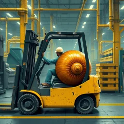 A giant snail in a factory driving around in a forklift, and are in the way for every worker