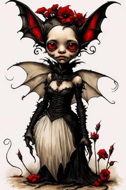 Artist Jean-Baptiste Monge style. A humanoid biomechanical Black bat-flower headed Baby with red eyes and a black and red dress. Modifiers: award winning crisp quality very cute