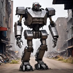 trash mech suit, human-sized, made of scrap metal, small,