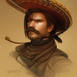 portrait,"Insanely detailed photograph of a male western mustachioed crossbowman", charo detailed, sequenced Sombrero, detailed D20 flair, digital painting, artstation, concept art, smooth, sharp focus, illustration, art by artgerm and greg rutkowski and alphonse mucha, 8 k,fantasy, unreal engine