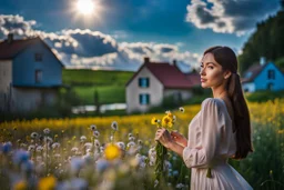 Young woman in flower field in country side ,river, houses,blue sky ,nice clouds,god rays