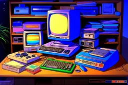 retro anime style, serious 1990s OVA anime style, retro tech on a desk, Magneto-optical disk, floppy disk, Hard disks, ram, VHS, Retro pc, slight watercolor, no humans