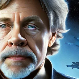 extremely detailed 8k hyperspace wallpaper,complete and photo realistic detailed head to waist stunning photo realistic portrait of mark hamill as luke skywalker in star wars with short lenght, Symmetrical, soft, fine, warm, photo realistic hair, blue eyes, professional majestic photo realistic painting by Ed Blinkey, Atey Ghailan, by Jeremy Mann, Greg Manchess, Antonio Moro, trending on ArtStation, Intricate, High Detail, Sharp focus,dramatic, by greg rutkowski,careworn face,space outfit