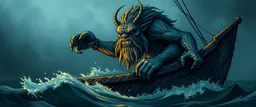 Prompt: bard song, the story of the troll captive on a fishing ship Gothic font: Fishnet Troll