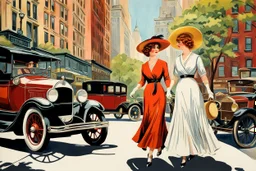 in 1920 two women walking down the street beside each other in nice dresses and hats in New York, Madison Square, high quality, intricate details, realistic