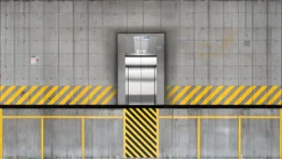 wall design for parking garage, concrete, yellow marking lines, hazard lines, weathering and water stains, elevator doors in middle.