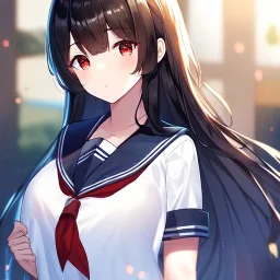 Clear Focus, High resolution, Black long hair, Red eyes, Wearing a sailor uniform