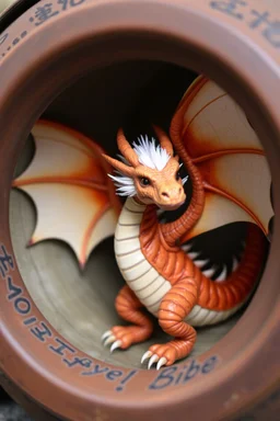 The image depicts a fantastical creature, specifically a dragon, with a unique and whimsical appearance. The dragon is positioned in a circular frame, which suggests it might be inside a container or a vessel. The dragon's body is elongated and has a segmented appearance, with a detailed texture that gives it a realistic look. Its head is covered with white, spiky hair, adding to its fantastical charm. The dragon's wings are large and spread out, with orange and white hues, giving it a vibrant a