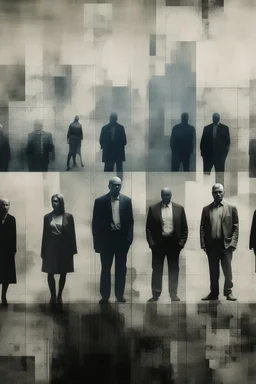 a distressing, haunting image of a people in square segments