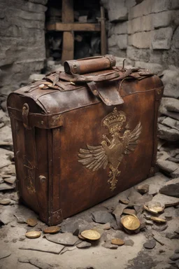 in the BASEMENT there is an old, broken brown oblong leather chest with short handles, from which gold coins from the time of Catherine the Great fall out. The ancient coat of arms of tsarist Russia, the double-headed eagle, is BARELY VISIBLE on the bag. There are a lot of broken bricks and earth around the bag. All in high quality 8K