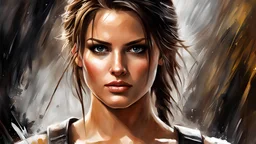 analog style, lara croft from tomb raider, Stana Katic perfect face, sexy face, detailed pupils, dnd character portrait, impressionist brush strokes:4, anne-louis girodet. evocative pose, smirk, (look at viewer), oil painting, heavy strokes, paint dripping, oil painting, heavy strokes, paint dripping, symmetrical, soft lighting, highly detailed, concept art