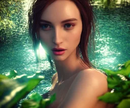 Portrait realistic hyper detailed perfect face of a insane young beautiful top model woman in short open dress. Sensual, volumetric lighting, Unreal Engine 5, 3D Animation Quality, Octane Rendering. A masterpiece. She's in water, garden, trees. vivid colors. Perfect face