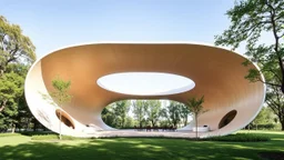 A unique pavilion shaped like a lemniscate (figure-eight curve), with a continuous flowing loop that creates interconnected spaces. The roof gently rises and falls in harmony with the curve, and large, open-air windows allow natural light to flow into the building. The interior features rounded, organic forms that follow the infinite loop of the lemniscate. Award-winning photograph.