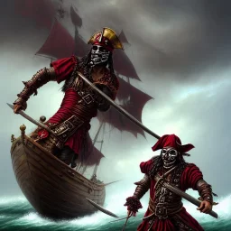 a pirate warrior in dark red full armor and mask, on his ship, holding a football, a highly detailed illustration, background of giant crashing ocean waves, realistic render, 8 k, micro detail, intricate, elegant, centered, digital painting, Artstation, smooth, sharp focus, illustration, artgerm, tomasz alen kopera, peter mohrbacher, donato giancola, joseph christian leyendecker, wlop, boris vallejo