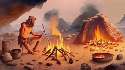 Paleolithic landscape with man and fire cooking food