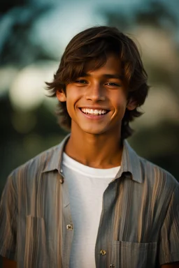 15 year old young boy with lightly tanned skin and medium length brown hair, smiling, wearing a shirt, inside