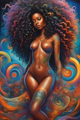 Create a futurism oil painting image of a curvy black female with shiny skin and tattoo on her legs while she bends down holding her large colorful mane of curly large afro. Prominent makeup with lush lashes. Her hair is highly detailed, all her curls are colorful. She wears no shoes and her skin glows