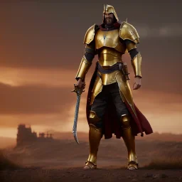 a lone paladin wearing golden armor, no helmet, medieval battle background