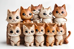 Cute happy cats Figures in wood lively over white background