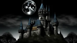 A black shadowy castle with moons painted by Antoni Gaudi