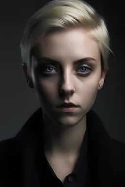 A woman in her 20s, with buzzed blonde hair, gray eyes, she has a cold and menacing look in her eyes, her clothes are dark colours and she does not wear dresses