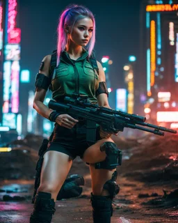 Sci-fi slim Ukrainian girl with big breasts in military t-shirt and shorts with slim trousers action shooting a sniper rifle with neon lights of Japan's cyberpunk night city in the background