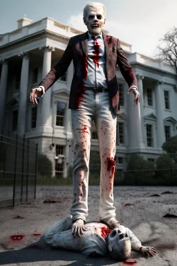 Ultra realistic image, joe biden zombie, zombie performance, soft skull, grey eyes, blood, torn arm, night, walking twisted, waist up view, thriller style, dark ambient, highly detailed, White House background, concept art, unreal engine 5, god rays, ray tracing, RTX, lumen lighting, ultra detail, volumetric lighting, 3d, finely drawn, high definition, high resolution.