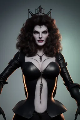 Rene Russo as evil queen in black leather, busty, cleavage, angry, stern look. character design by fenghua zhong. unreal engine 5, artistic lighting, highly detailed, photorealistic, fantasy