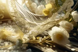 double exposure, garter flowers strung on wire with pearls and gems, heart and love, double exposure, merged layers, silver and gold tin foil, waterfall, in sunshine on a lace blanket