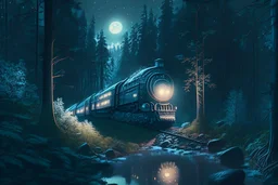 weather train in moonlit forest by stream, book illustration, fine detail, 4k, trending, volumetric light, depth of field